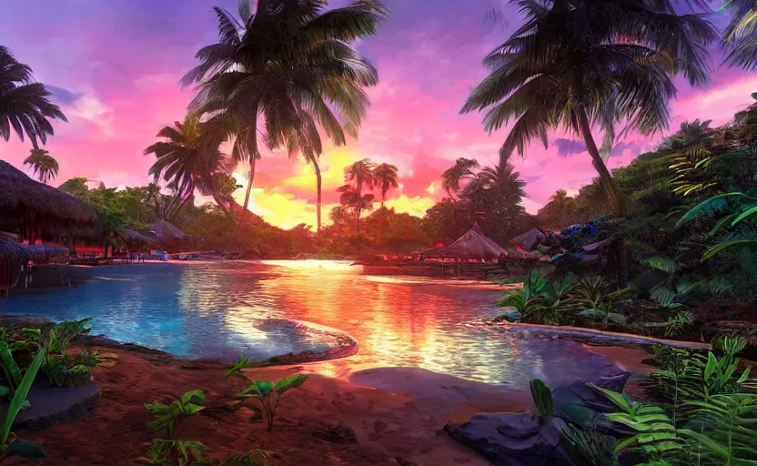 Image similar to a tropical resort in a jungle paradise, with a beautiful red and blue sunset, dynamic lighting, photorealistic fantasy concept art, trending on art station, stunning visuals, creative, cinematic, ultra detailed, ray tracing, sun rays