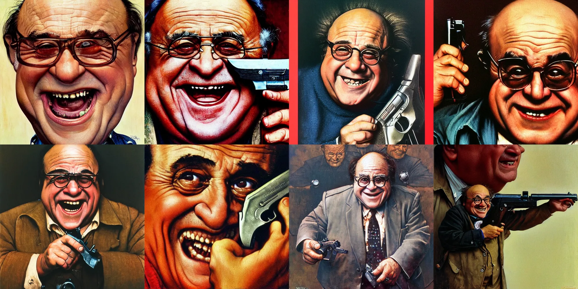 Prompt: closeup of grinning danny devito holding a revolver, by norman rockwell, Zdzislaw Beksinski, highly detailed, soft lighting, film grain, medium format, 8k resolution, oil on canvas