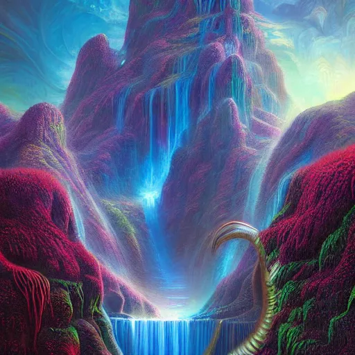 Prompt: alien cosmic waterfall digital art vibrant colors detailed matte painting sharp focus by tomasz alen kopera, rob gonsalves, tim white, lisa frank, android jones, alena aenami, wlop, andreas franke