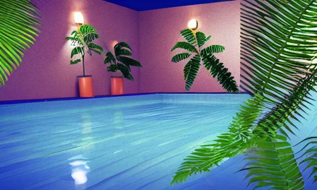 Image similar to 3d render of indoor pool with ferns and palm trees, pool tubes, chromatic abberation, depth of field, 80s photo