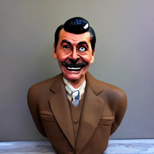 Prompt: subgenius sculpture toy on display