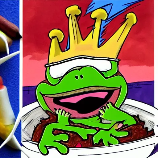 Prompt: detailed 8 k drawing of pepe the frog vs sonic the hedgehog in an epic chili dog championship. high tension at sunset