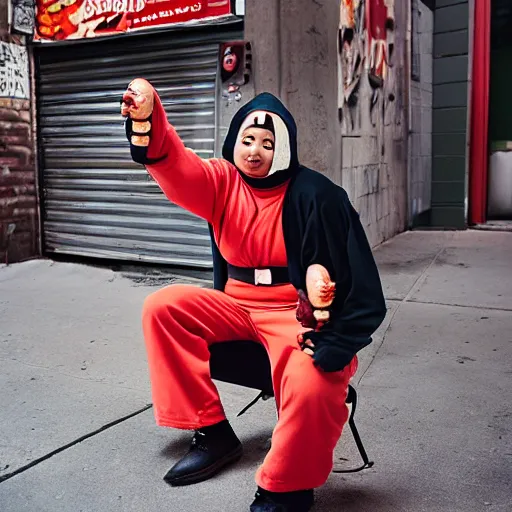 Prompt: closeup portrait man in ninja costume upside down trying to sell hotdogs in a smoky new york back street, by Annie Leibovitz and Steve McCurry, natural light, detailed face, CANON Eos C300, ƒ1.8, 35mm, 8K, medium-format print