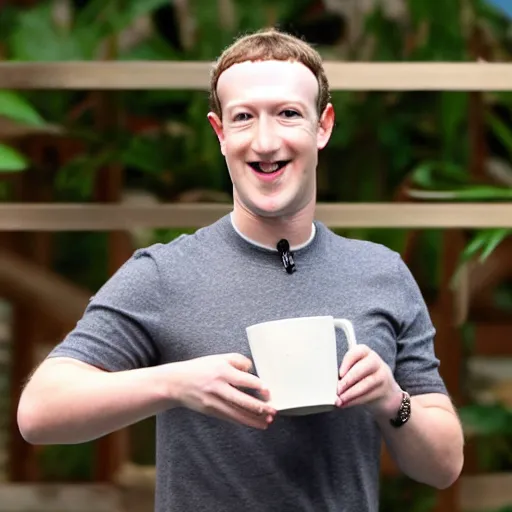 Image similar to mark zuckerberg holding circular wooden coaster and cup up to the camera