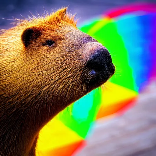 Image similar to capybara with rainbow colored fur, sharp image, hd, realistic, detailed