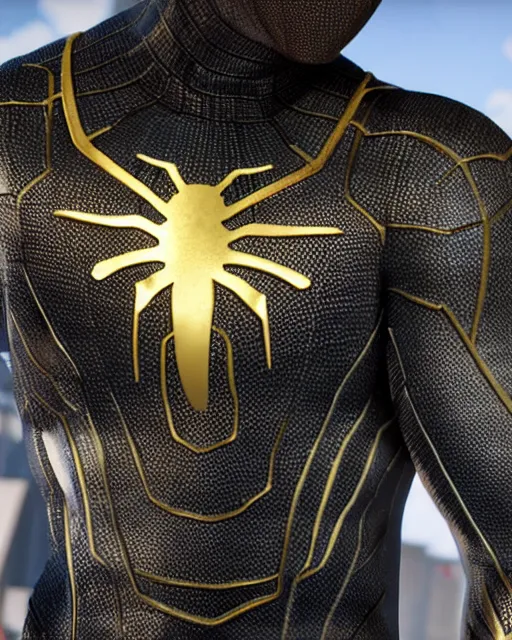 Image similar to photorealistic, hyperdetailed photograph of black spider - man suit with gold webbing by insomniac games