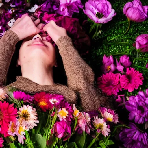 Image similar to epic warrior dying with flowers, sharp focus, hd