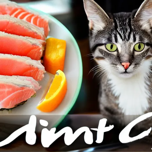 Image similar to Cat mukbang, crunching, chewing, licking, savory fish, delicious tuna