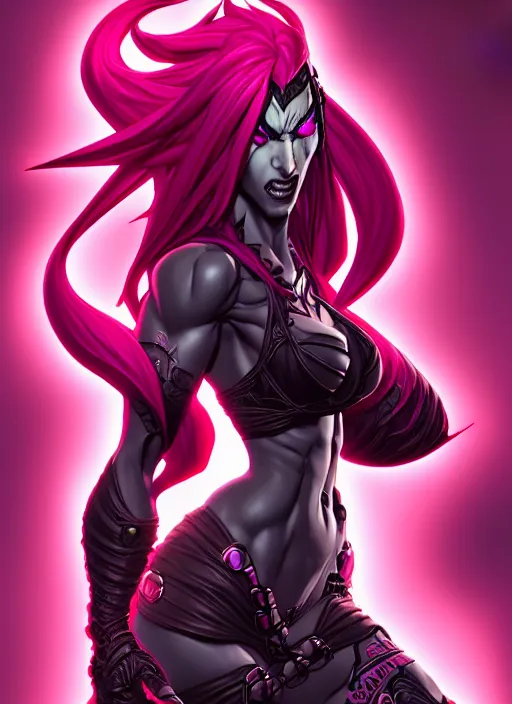 Image similar to lilith from darksiders, wide angle view, neon pink and black color scheme, highly detailed, artgerm, cushart krenz, king of fighters style, trending on artstation, soft light, sharp focus, illustration, character design, concept art