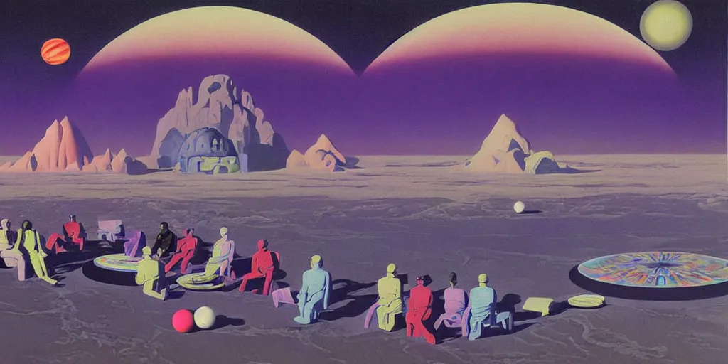 Image similar to surreal painting by chesley bonestell!!, twelve astronauts sitting by the river with a big holiday cake + psychedelic vegetation + purple, pink, blue + planets and stars + mystical fog, vintage sci - fi style of the 5 0 s, rule of the third!!!!, line graphics, 8 k, super detail, high quality