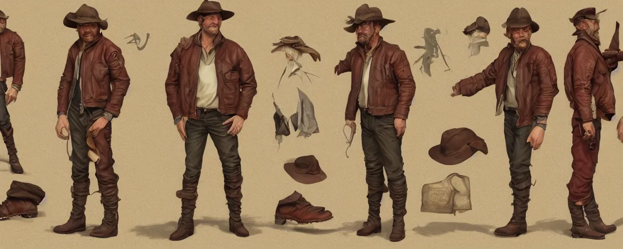 Prompt: character design, reference sheet, 40's adventurer, unshaven, optimistic, stained dirty clothing, straw hat, riding boots, red t-shirt, dusty rown bomber leather jacket, messenger bag, detailed, concept art, photorealistic, hyperdetailed, 3d rendering , art by Leyendecker and frazetta,