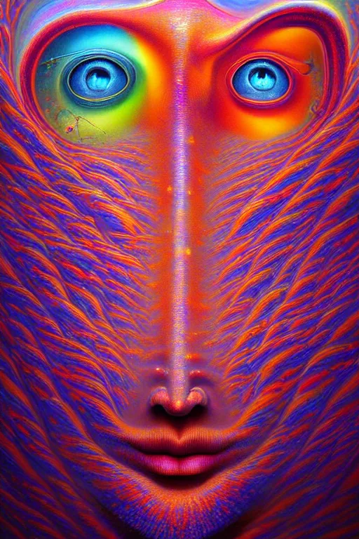 Image similar to hyperrealistic abstract close-up Renaissance psychedelic!! celestial happy! pure creature!! peaceful! kind spirit of nature! beautiful fractal!! eyes! highly detailed concept art eric zener elson peter cinematic hard rainbow lighting high angle hd 8k sharp shallow depth of field endless, inspired by Zdzisław Beksiński Salvador Dali