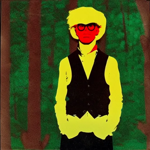 Image similar to beatnik standing in forest, style of andy warhol