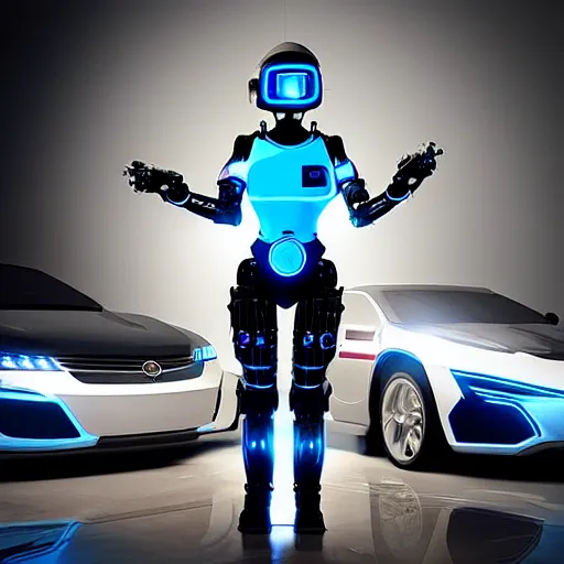 Image similar to “A robotic female police officer in futuristic ballistic armor with neon LEDs in front of police car with sirens on, highly detailed digital art photorealistic”