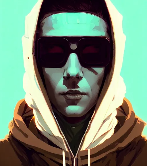 Image similar to cyberpunk synth, hyper - realistic portrait of a man in a hoodie, cyberpunk, by atey ghailan, by greg rutkowski, by greg tocchini, by james gilleard, by joe fenton, by kaethe butcher, dynamic lighting, gradient light blue, brown, blonde cream and white color scheme, grunge aesthetic
