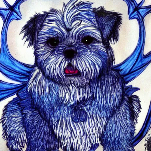 Image similar to Blue Eyes White Dragon as a Shih Tzu, Dragon Scales, Wings, Lightning, Blue Armor