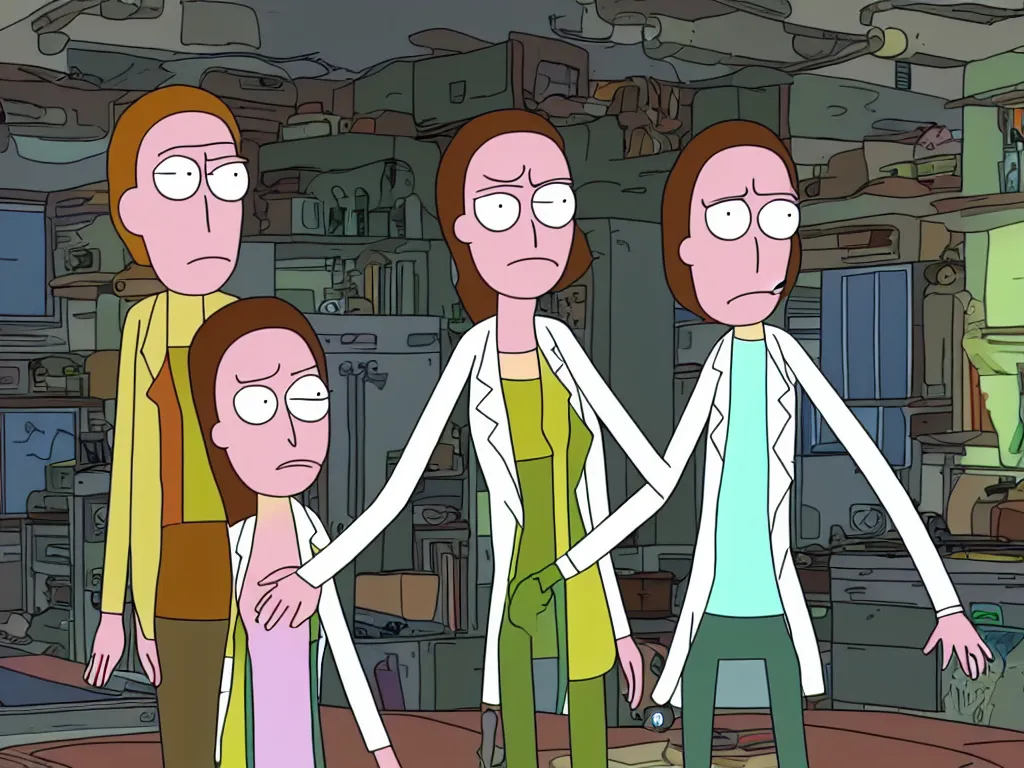 Image similar to a still from a female version of rick and morty