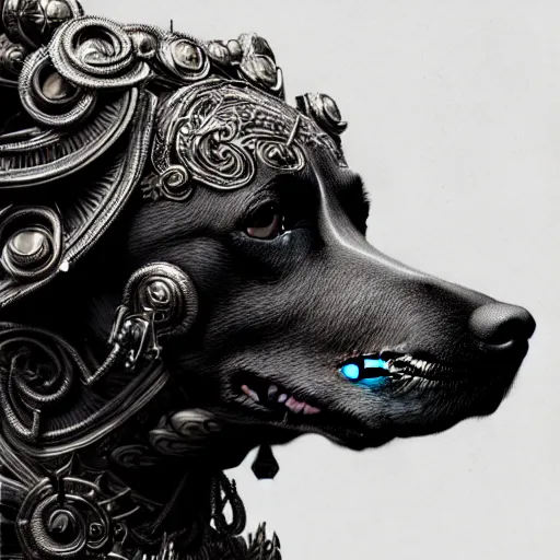 Prompt: dog as a god, very detailed face, detailed features, fantasy, circuitry, explosion, dramatic, intricate, elegant, highly detailed, digital painting, artstation, concept art, smooth, sharp focus, illustration, art by gustave dore, octane render