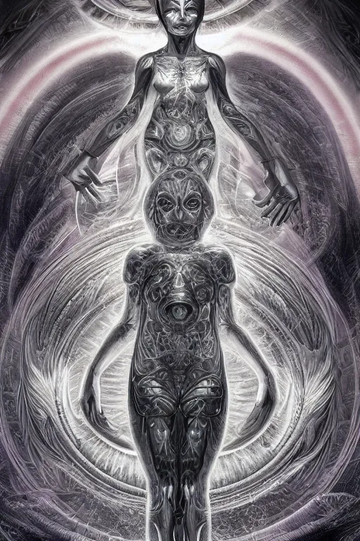 Prompt: Prometheus Engineer Centered, uncut, unzoom, symmetry. charachter illustration. Dmt entity manifestation. Surreal render, ultra realistic, zenith view. Made by hakan hisim feat cameron gray and alex grey. Polished. Inspired by patricio clarey, heidi taillefer scifi painter glenn brown. Slightly Decorated with Sacred geometry and fractals. Extremely ornated. artstation, cgsociety, unreal engine, ray tracing, detailed illustration, hd, 4k, digital art, overdetailed art. Intricate omnious visionary concept art, shamanic arts ayahuasca trip illustration. Extremely psychedelic. Dslr, tiltshift, dof. 64megapixel. complementing colors. Remixed by lyzergium.art feat binx.ly and machine.delusions. zerg aesthetics. Trending on artstation, deviantart
