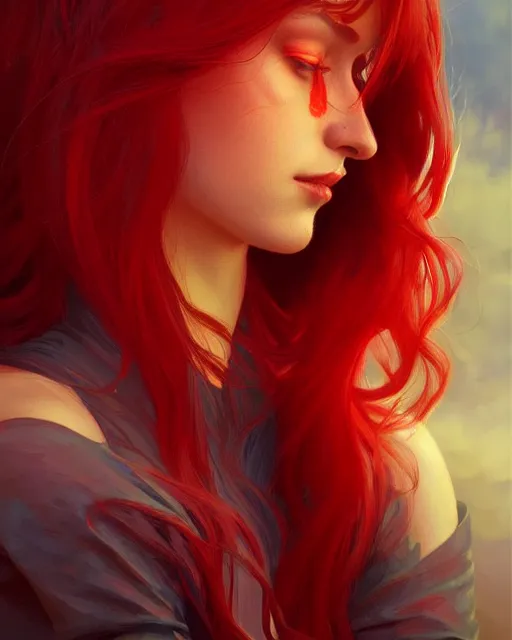 Image similar to emily rajtkowski, lake, red, flaming hair, highly detailed, digital painting, artstation, concept art, smooth, sharp focus, illustration, art by artgerm and greg rutkowski and alphonse mucha