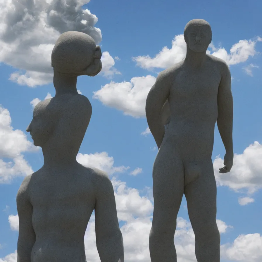 Prompt: artwork of a giant human statue and with a cloud passing in front of him. hyperrealist symbolism.