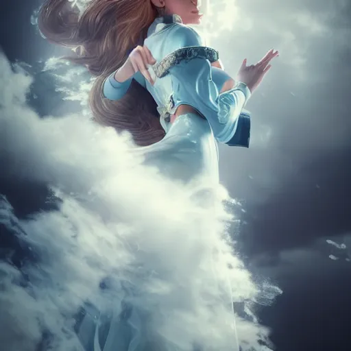 Image similar to beautiful girl portrait in full gown blowing clouds, beautiful portrait, character concept style trending on artstation concept art detailed octane render cinematic photo - realistic 8 k high detailed