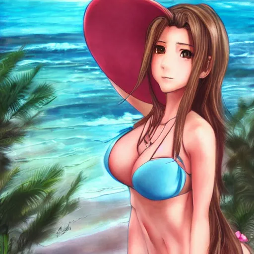 Image similar to beautiful aerith from final fantasy in a bikini on the beach making eye contact drawn by sakimichan