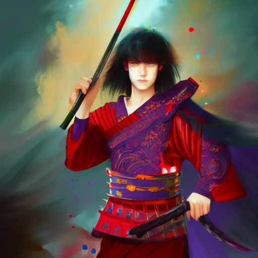 Prompt: colorful and Festive Captivating teenager boy with straight indigo japanese hair, purple eyes, red eye markers, wearing japanese traditional combat clothes with golden armor pieces. rich vivid colors, ambient lighting, dynamic lighting, 4k, atmospheric lighting, painted, intricate, highly detailed by Charlie Bowater