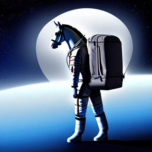 Image similar to an astronaut carrying a heavy backpack in form of horse, concept art, fantasia photo