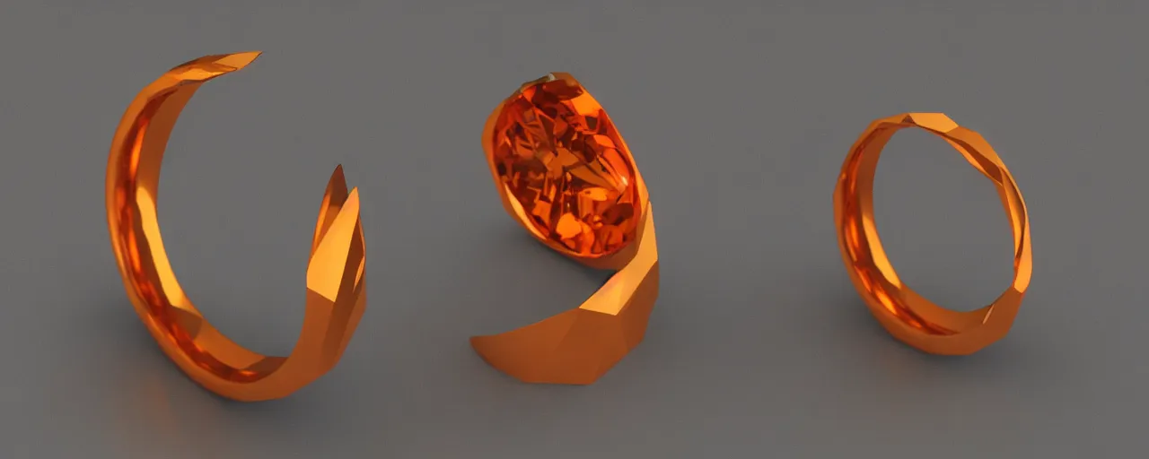 Image similar to simple tungsten magic crystal ring, radiant cut, fire, orange, gold, smooth shank, crystal, engravings, diamonds, product design, jewelry, colorful, art by gerald brom, greg rutkowski and artgerm, photo realism, unreal engine, c 4 d