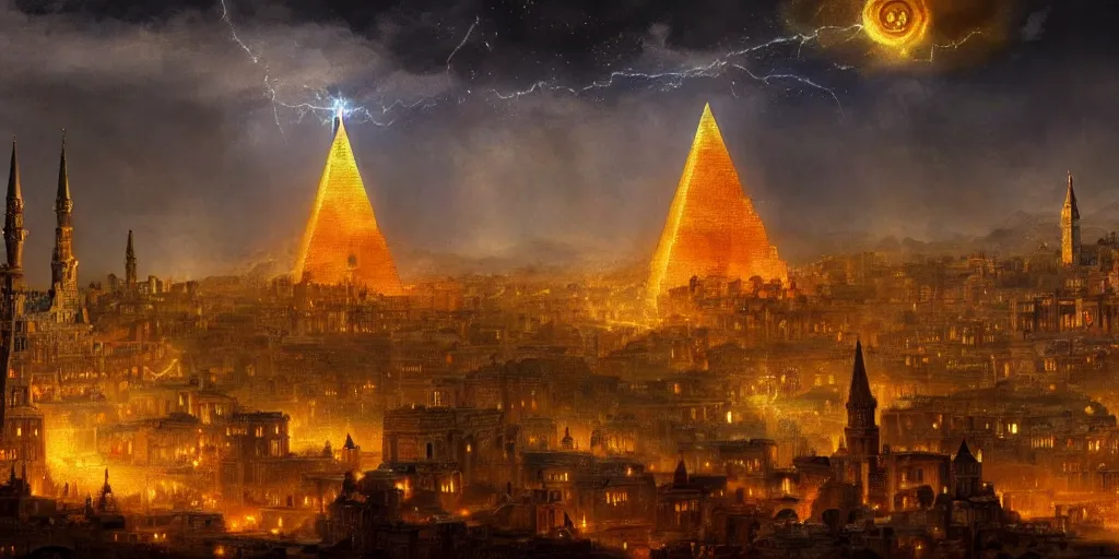 Image similar to magical city of the great tartarian empire adorned with amazing lost technology, lighting resembling fireflies, spires from rooftops collecting and distributing etheric energy, the centerpiece of the city is a colossal ancient pyramid made of metal, cityscape, combining intense detail & utmost quality, late 1 8 0 0 s photography christian hecker, artstation, - h 8 3 2