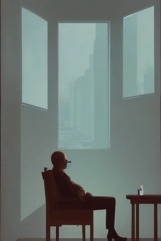 Image similar to Security guard sitting in a chair and watching monitor screens while smoking a cigarette, highly detailed, soft lighting, elegant, Wayne Barlowe, Edward Hopper and James Gilleard, Zdzislaw Beksinski, Steven Outram, highly detailed