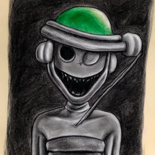 Prompt: charcoal drawing of marvin the martian | horror themed | creepy