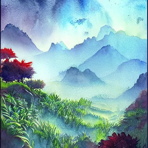 Image similar to beautiful lush natural scene on another planet, with interesting creatures. different than earth but beautiful. lightfall. beautiful detailed artistic watercolor. trending on artstation and deviantart.