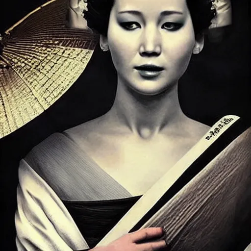 Image similar to “ old photo of jennifer lawrence as a geisha, hd, photorealistic ”