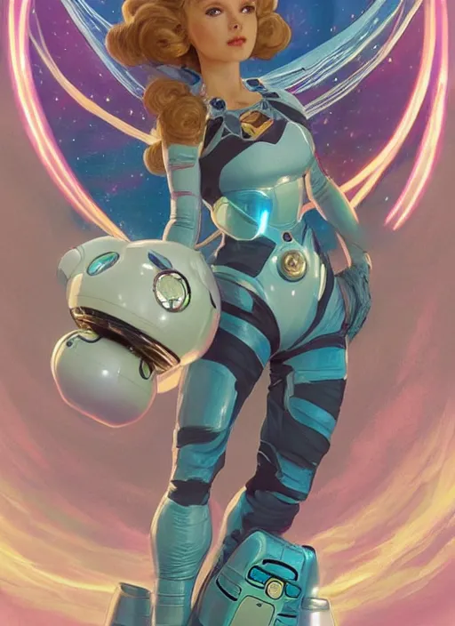 Prompt: beautiful space cottagecore princess rosalina holding a chibi robot wearing a scifi jetsuit, intricate bioluminescent highly detailed, digital painting, artstation, concept art, smooth, sharp, focus, illustration, art by artgerm and ilya kushvikov and alphonse mucha