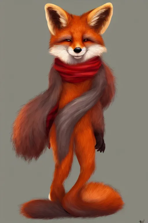 Image similar to an anthropomorphic fox with a fluffy tail wearing a scarf, backlighting, trending on artstation, digital art, furry art, trending on furaffinity