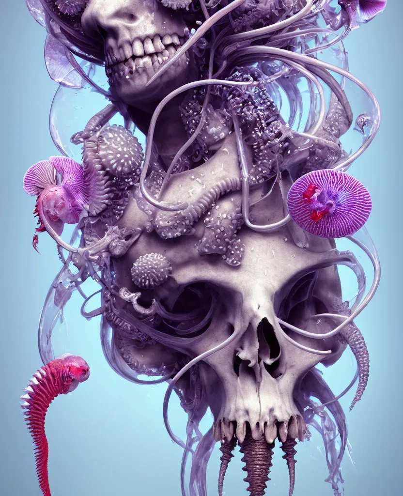 Image similar to goddess close-up portrait ram skull, thorax, x-ray, backbone, jellyfish phoenix head, nautilus, orchid, skull, betta fish, bioluminiscent creatures, intricate artwork by Tooth Wu and wlop and beeple. octane render, trending on artstation, greg rutkowski very coherent symmetrical artwork. cinematic, hyper realism, high detail, octane render, 8k