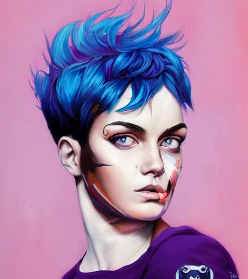 Prompt: portrait of a young beautiful female with short blue-hair purple-skin artwork by Sandra Chevrier, metaverse, artstation