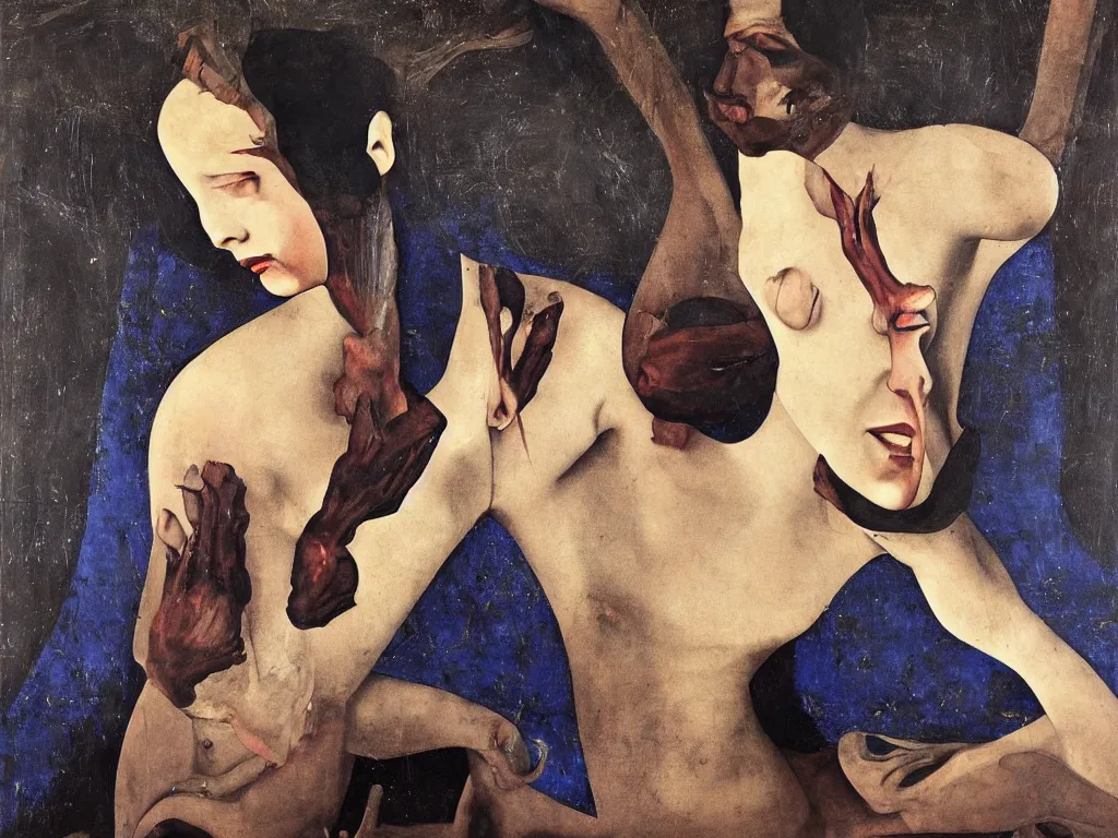 Image similar to Portrait of a lapis lazuli painted cannibal. Painting by Caravaggio, Georgia O'Keefe, Agnes Pelton, Max Ernst, Roger Ballen