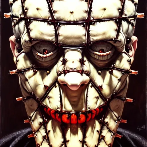 Image similar to portrait of pinhead from hellraiser. demonic cenobite. oil painting by lucian freud. path traced, highly detailed, high quality, j. c. leyendecker, drew struzan tomasz alen kopera, peter mohrbacher, donato giancola