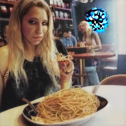 Image similar to “ ke $ ha eating spaghetti at a starbucks, detailed, realistic ”