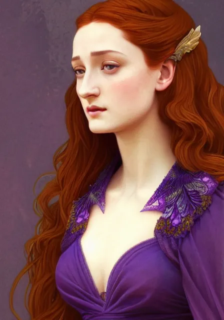 Image similar to sansa stark in purple dress with long hair, intricate, elegant, highly detailed, digital painting, artstation, concept art, smooth, sharp focus, illustration, art by artgerm and greg rutkowski and alphonse mucha and william - adolphe bouguereau