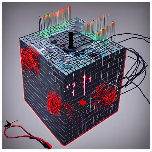 Image similar to a square computer coated in, clumps of hair, wires, leds, thermal sink, electronics,, skin, flesh, blood, guts and teeth, artstation