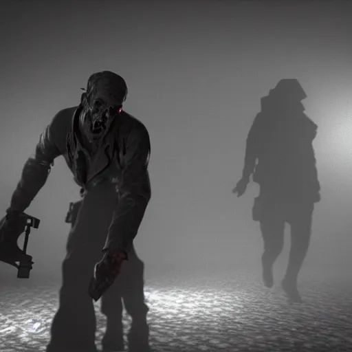 Prompt: humphrey bogart and lauren bacall, battered, holding machine guns and grenades, back to back, last stand as disturbing zombie shapes come out of the fog. There is ash in the air. Silent hill, resident evil. Octane render, cinematic lighting, cinematic framing ar 3:1.