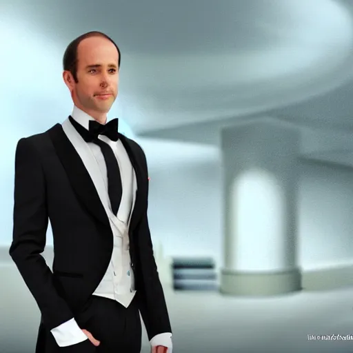 Image similar to photo realistic picture of fantasy butler that looks similar to michael kane, handsome, 4 k, oil painting filter, balding, well dressed, full body portrait, pet rat on shoulder