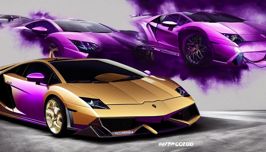 Image similar to purple and gold lamborghini galardo, black interior, hyperdetailed, artstation, cgsociety, 8 k