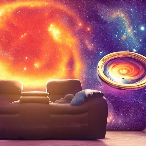 Image similar to a kitten wearing a cape floating through space surrounded by floating recliner chairs, galaxies, dramatic lighting, stars, suns, spirals