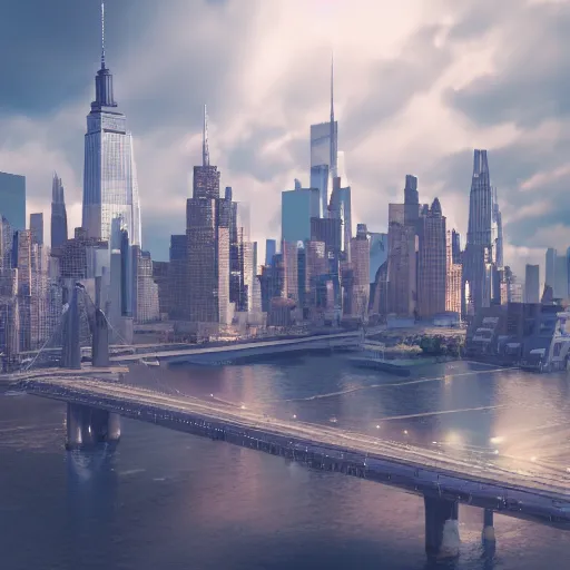 Prompt: a futuristic new york city in shiny crystalline : 6, octane render, clouds : 2