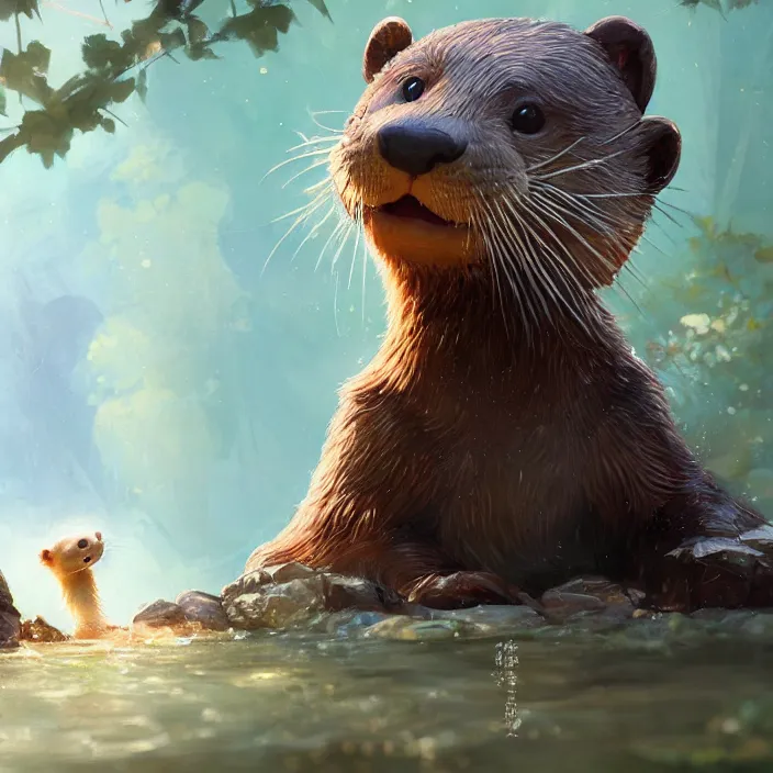 Prompt: a detailed painting of a cute otter at a river. character design by cory loftis, fenghua zhong, ryohei hase, ismail inceoglu and ruan jia. volumetric light, detailed, rendered in octane